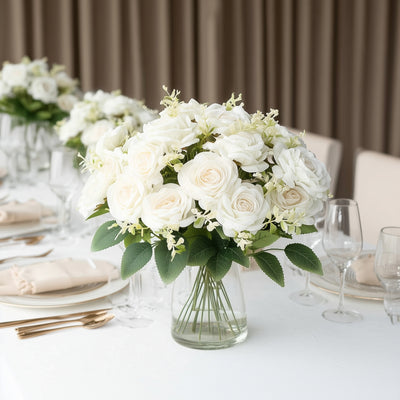 2 Bushes White Artificial Silk Rose Flower Arrangements, Real Touch Long Stem Flower Bouquet 18"