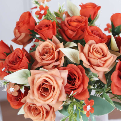 4 Bushes Terracotta (Rust) Real Touch Artificial Silk Rose Bridal Bouquet, Faux Flowers 12"