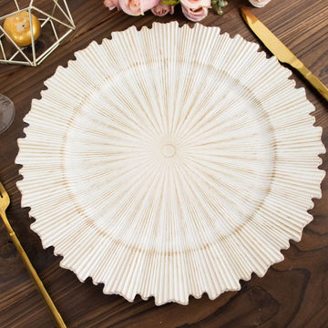 6 Pack Antique White Sunray Acrylic Plastic Serving Plates, Round Scalloped Rim Disposable Charger Plates 13"