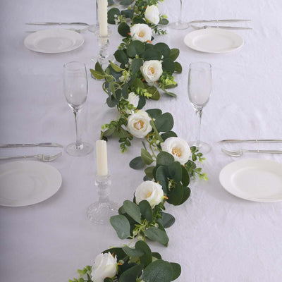 Artificial Eucalyptus Leaf Table Garland With 7 White Rose Flower Heads, Floral Greenery Hanging Vines - 5.5ft