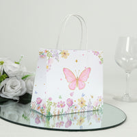 12 Pack Pink Glitter Butterfly Paper Gift Bags with Handles, Floral Print White Party Favor Goodie Bags - 6"x7"