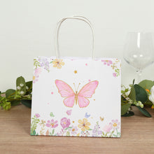 12 Pack Pink Glitter Butterfly Paper Gift Bags With Handles, Floral Print White Party Favor