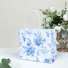 12 Pack White Blue French Toile Paper Gift Bags With Handles, Party Favor Goodie