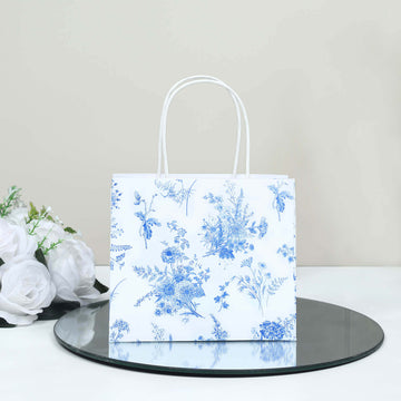 12 Pack White Blue French Toile Paper Gift Bags With Handles, Party Favor Goodie Bags - 6"x7"