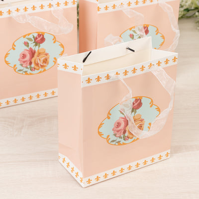 12-Pack Gift Bags Vintage Rose Floral Tea Party, Dusty Rose Paper Goodie Favor Bags with Ribbon Handles, 6"x7"x3"