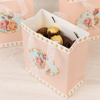 12-Pack Gift Bags Vintage Rose Floral Tea Party, Dusty Rose Paper Goodie Favor Bags with Ribbon Handles, 6"x7"x3"