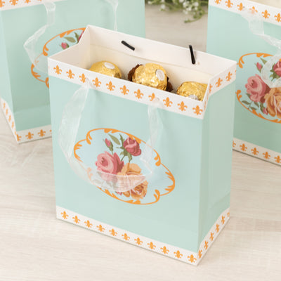 12-Pack Gift Bags Vintage Rose Floral Tea Party, Turquoise Paper Goodie Favor Bags with Ribbon Handles, 6"x7"x3"