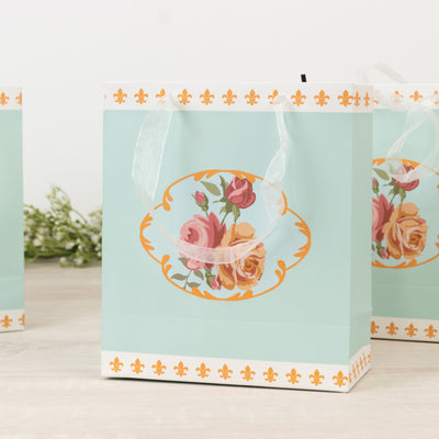 12-Pack Gift Bags Vintage Rose Floral Tea Party, Turquoise Paper Goodie Favor Bags with Ribbon Handles, 6"x7"x3"