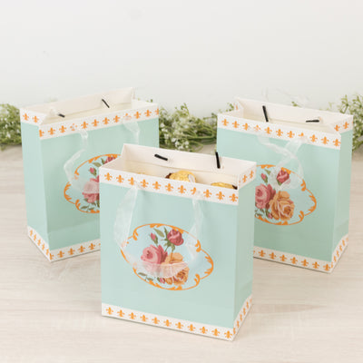 12-Pack Gift Bags Vintage Rose Floral Tea Party, Turquoise Paper Goodie Favor Bags with Ribbon Handles, 6"x7"x3"