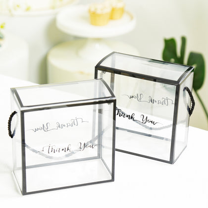 25 Pack Clear PVC Favor Boxes with Black Trim Rope Handles and Thank You Print, Transparent Portable Candy Gift Boxes - 5.5"x5.5"