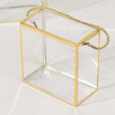 25 Pack Gold Trimmed Clear PVC Favor Boxes with Rope Handles and Thank You Print, Square Transparent Portable Candy Gift Boxes - 8"x8"