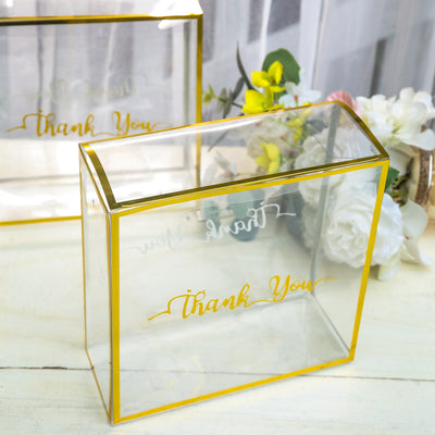 25 Pack Gold Trimmed Clear PVC Favor Boxes with Rope Handles and Thank You Print, Square Transparent Portable Candy Gift Boxes - 8"x8"