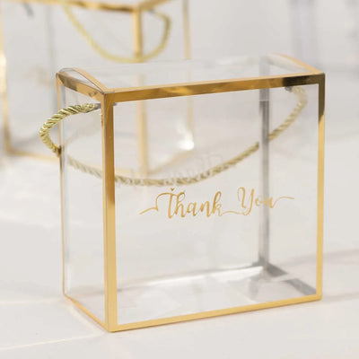 25 Pack Gold Trimmed Clear PVC Favor Boxes with Rope Handles and Thank You Print, Square Transparent Portable Candy Gift Boxes - 8"x8"