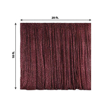 A Metallic Shimmer Tinsel Spandex burgundy curtain with measurements of 20 ft and 10 ft