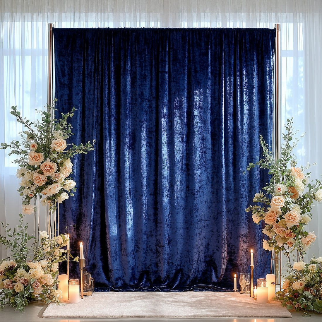 Crushed Velvet Backdrop Curtain – Navy Blue 5ft x 12ft Event Drape with Rod Pocket