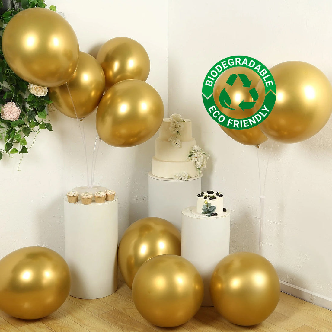 10 Pack Metallic Gold Biodegradable Balloons, Thick Chrome Latex Party Balloons - 18inch