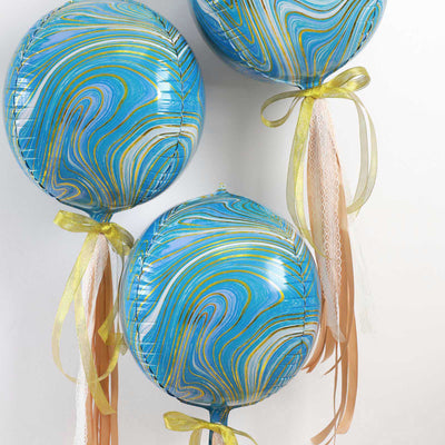 3 Pack Blue/Gold Marble Sphere Foil Helium or Air Balloons 13" 4D