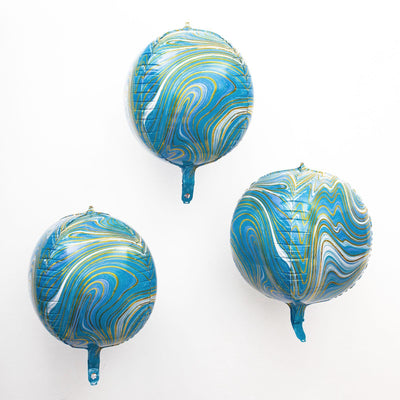 3 Pack Blue/Gold Marble Sphere Foil Helium or Air Balloons 13" 4D