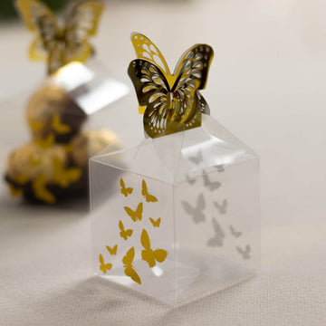 25 Pack Clear Plastic Square Candy Gift Boxes with Gold Butterfly Top, Transparent Party Favor Treat Boxes - 2"x2"x4"