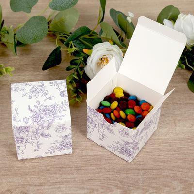 25 Pack Party Favor Gift Boxes in French Toile Pattern - Matte Lavender and White Candy Treat Boxes, Cardstock Paper - 3"x3"