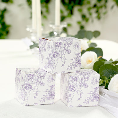 25 Pack Party Favor Gift Boxes in French Toile Pattern - Matte Lavender and White Candy Treat Boxes, Cardstock Paper - 3"x3"