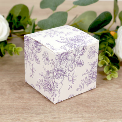 25 Pack Party Favor Gift Boxes in French Toile Pattern - Matte Lavender and White Candy Treat Boxes, Cardstock Paper - 3"x3"