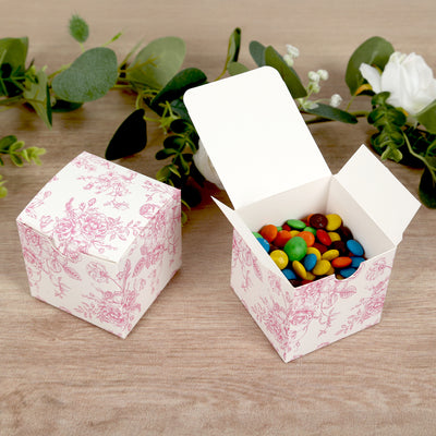 25 Pack Party Favor Gift Boxes in French Toile Pattern - Matte Pink and White Candy Treat Boxes, Cardstock Paper - 3"x3"