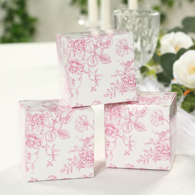 25 Pack Party Favor Gift Boxes in French Toile Pattern - Matte Pink and White Candy Treat Boxes, Cardstock Paper - 3"x3"