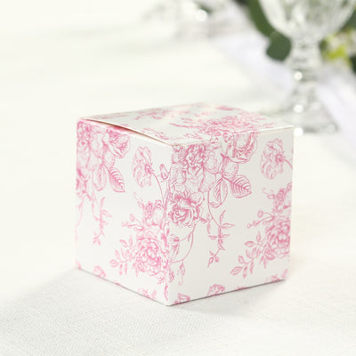 25 Pack Party Favor Gift Boxes in French Toile Pattern - Matte Pink and White Candy Treat Boxes, Cardstock Paper - 3"x3"