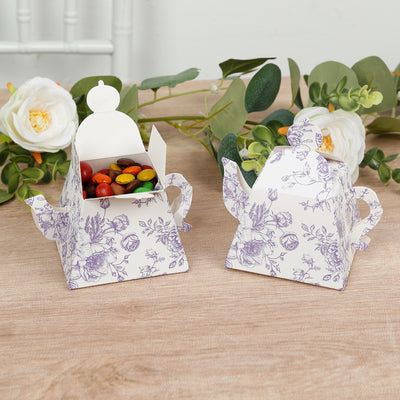 25 Pack Mini Teapot Gift Boxes – 5"x4" White Lavender French Toile Design Tea Party Favor Boxes