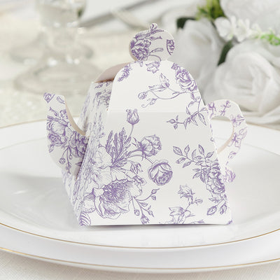 25 Pack Mini Teapot Gift Boxes – 5"x4" White Lavender French Toile Design Tea Party Favor Boxes