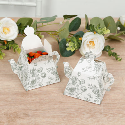 25 Pack Mini Teapot Gift Boxes – 5"x4" White Sage Green French Toile Design Tea Party Favor Boxes