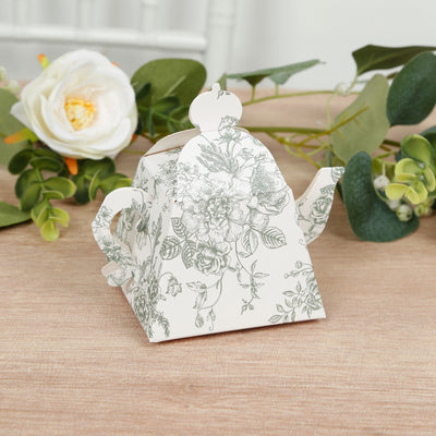 25 Pack Mini Teapot Gift Boxes – 5"x4" White Sage Green French Toile Design Tea Party Favor Boxes