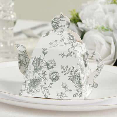 25 Pack Mini Teapot Gift Boxes – 5"x4" White Sage Green French Toile Design Tea Party Favor Boxes