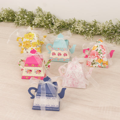 24 Pack Party Favor Boxes in Mixed Vintage Floral Tea Pot Design - Elegant Cardboard Paper Gift Boxes for Weddings & Baby Showers - 5"x4"
