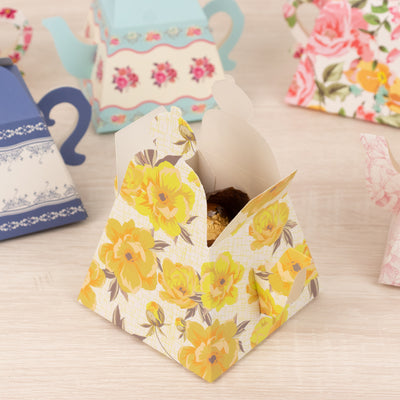 24 Pack Party Favor Boxes in Mixed Vintage Floral Tea Pot Design - Elegant Cardboard Paper Gift Boxes for Weddings & Baby Showers - 5"x4"