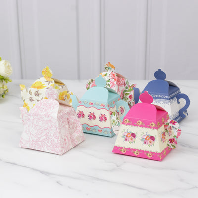 24 Pack Party Favor Boxes in Mixed Vintage Floral Tea Pot Design - Elegant Cardboard Paper Gift Boxes for Weddings & Baby Showers - 5"x4"