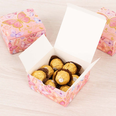 25 Pack Pink Butterfly Themed Party Favor Boxes with "Thank You" Print, Cardstock Paper Candy Gift Boxes - 4"x4"x2"
