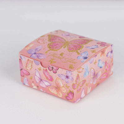 25 Pack Pink Butterfly Themed Party Favor Boxes with "Thank You" Print, Cardstock Paper Candy Gift Boxes - 4"x4"x2"