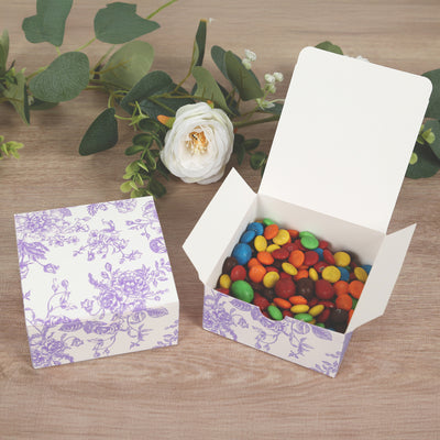 25 Pack Party Favor Gift Boxes in French Toile Pattern, Matte Lavender and White Candy Boxes - Cardstock Paper - 4"x4"x2"