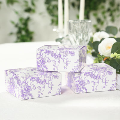 25 Pack Party Favor Gift Boxes in French Toile Pattern, Matte Lavender and White Candy Boxes - Cardstock Paper - 4"x4"x2"
