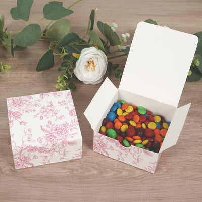 25 Pack Party Favor Gift Boxes in French Toile Pattern, Matte Pink and White Candy Boxes - Cardstock Paper - 4"x4"x2"
