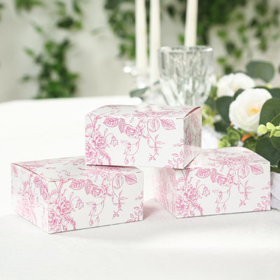 25 Pack Party Favor Gift Boxes in French Toile Pattern, Matte Pink and White Candy Boxes - Cardstock Paper - 4"x4"x2"