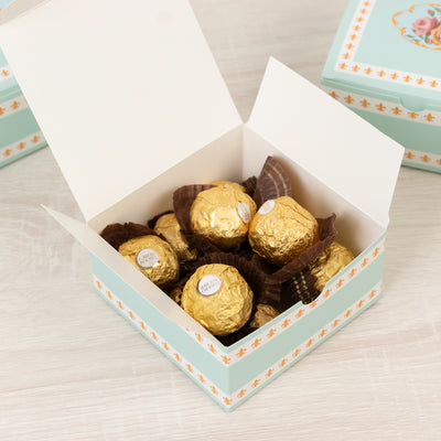 25-Pack Favor Boxes Vintage Rose Floral – Turquoise Cardstock Gift Boxes for Treats, Chocolates, Macarons & Small Gifts - 4"x4"x2"