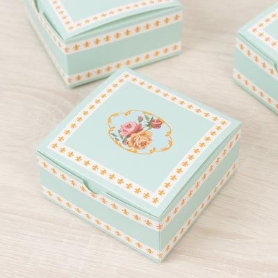 25-Pack Favor Boxes Vintage Rose Floral – Turquoise Cardstock Gift Boxes for Treats, Chocolates, Macarons & Small Gifts - 4"x4"x2"