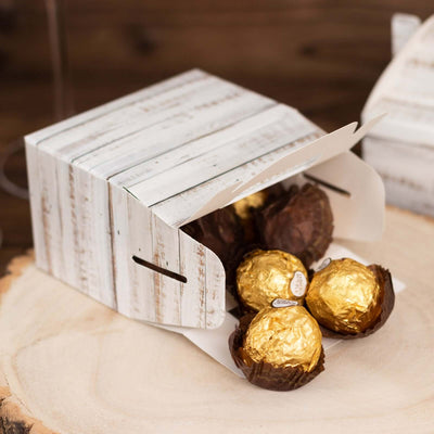 25 Pack Rustic White Party Favor Gift Gable Boxes With Wood Plank Pattern, Candy Tote Boxes 4"x2.5"x4.5"