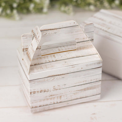 25 Pack Rustic White Party Favor Gift Gable Boxes With Wood Plank Pattern, Candy Tote Boxes 4"x2.5"x4.5"
