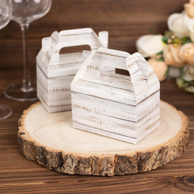 25 Pack Rustic White Party Favor Gift Gable Boxes With Wood Plank Pattern, Candy Tote Boxes 4"x2.5"x4.5"