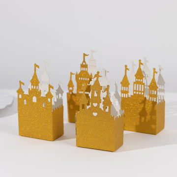 20 Pack Gold Glitter Princess Castle Favor Boxes, Fairy Tale Cardstock Paper Candy Boxes Party Decorations - 3.5"x2"x6.5"