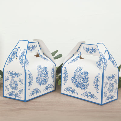 25 Pack Party Favor Tote Gable Boxes in White Royal Blue Damask Floral Pattern, Candy Treat Gift Boxes - 6"x3.5"x7"